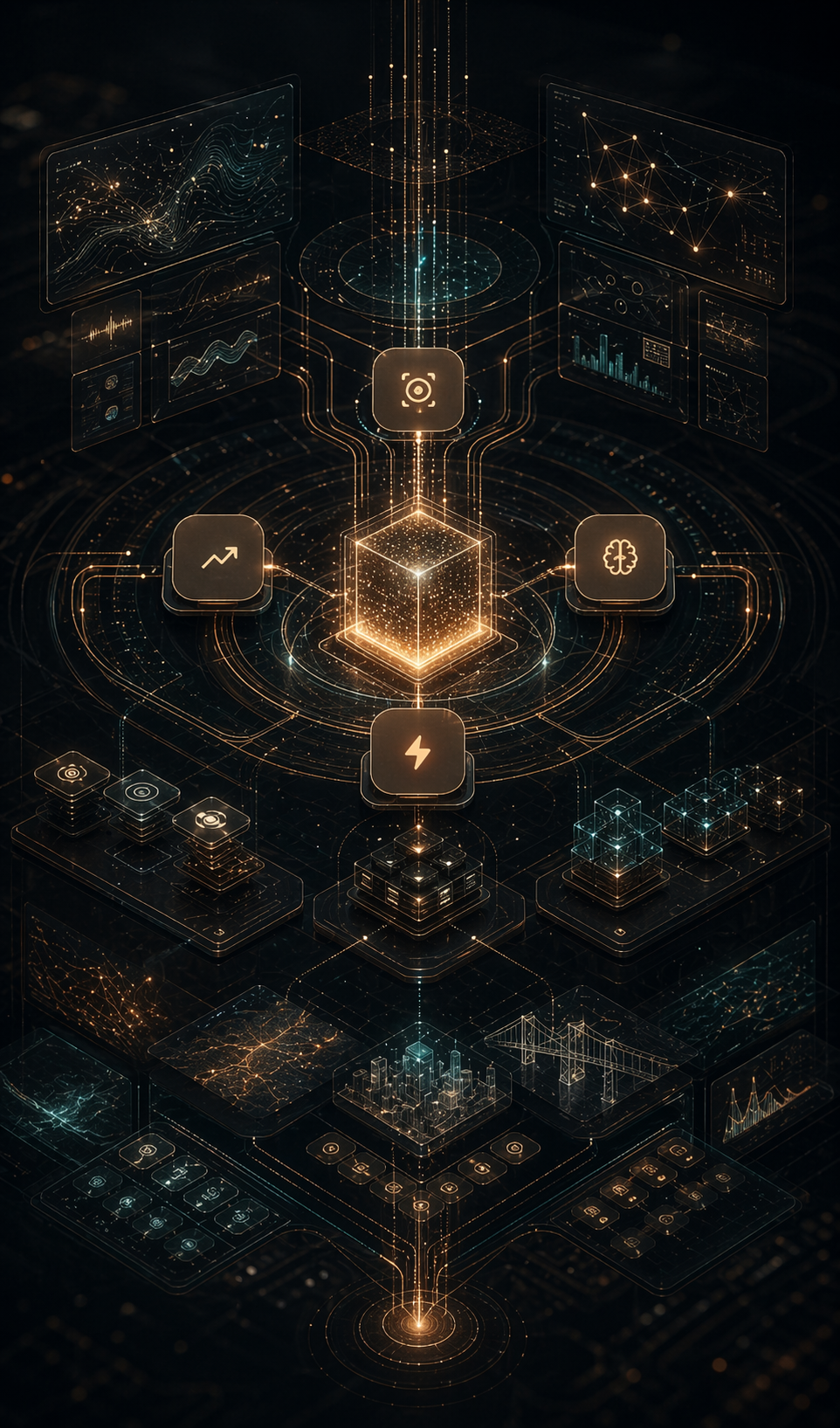 Generated visualization of an agentic reasoning core coordinating tools, memory, and domain state