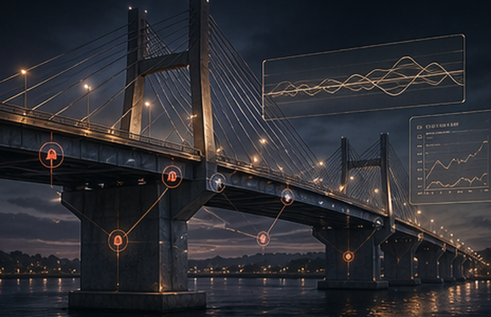 Structural health monitoring scene with bridge sensors and monitoring overlays