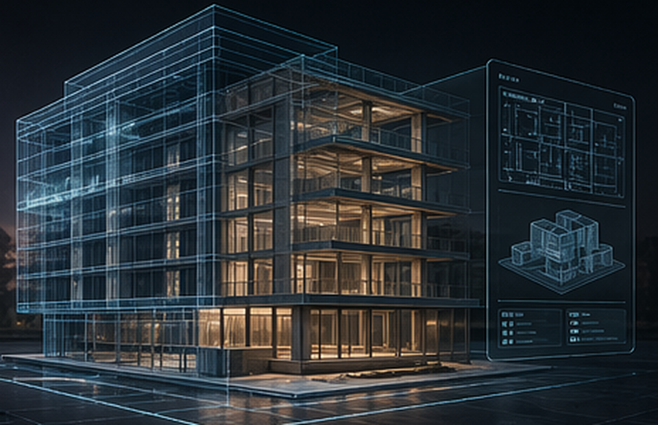 Building digital twin illustration with BIM overlays