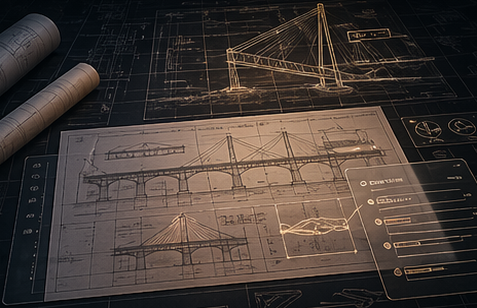 Engineering drawing automation scene with bridge plans and digital markup