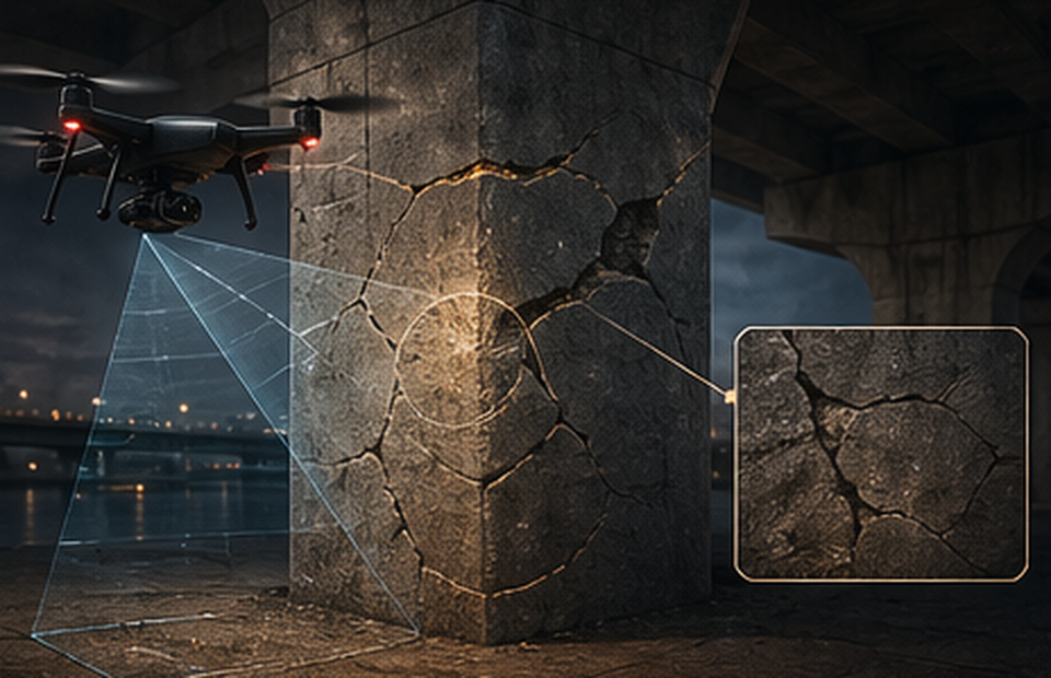 Drone-based infrastructure inspection scene focused on cracked concrete