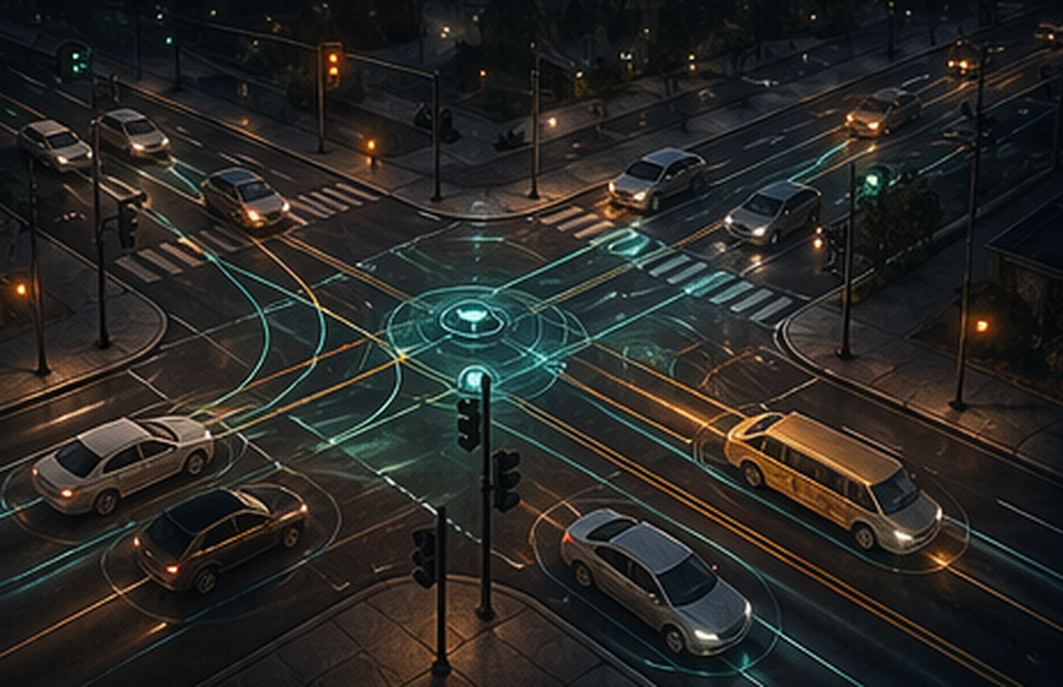 Smart transportation scene with connected intersection and traffic overlays