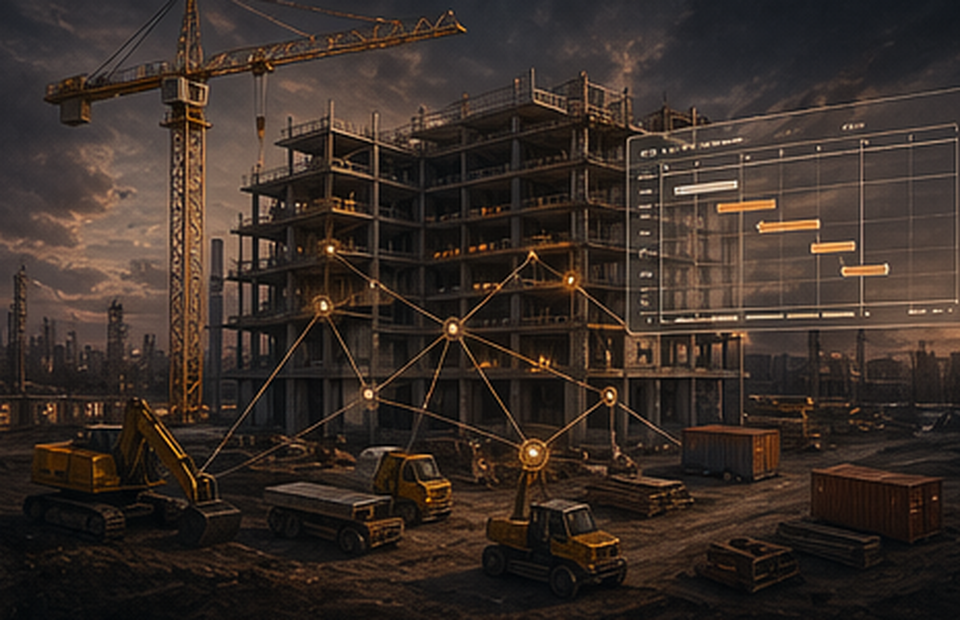 Construction management scene with site logistics and schedule overlays