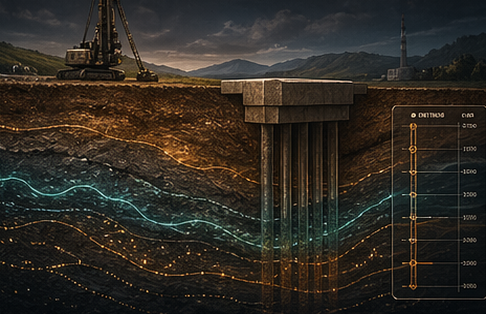 Geotechnical engineering illustration with soil layers and foundation analysis