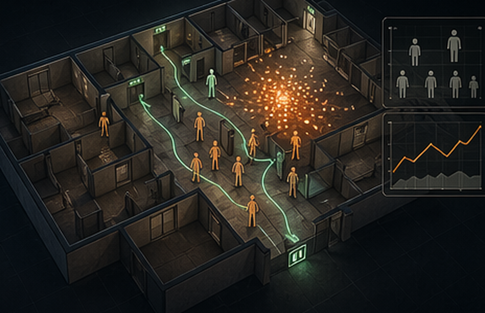 Evacuation safety scene with indoor routing and occupant flow overlays
