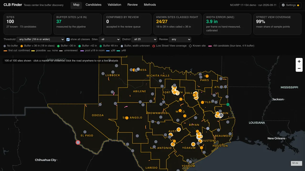 CLB Finder map of Texas center line buffer sites and screening results