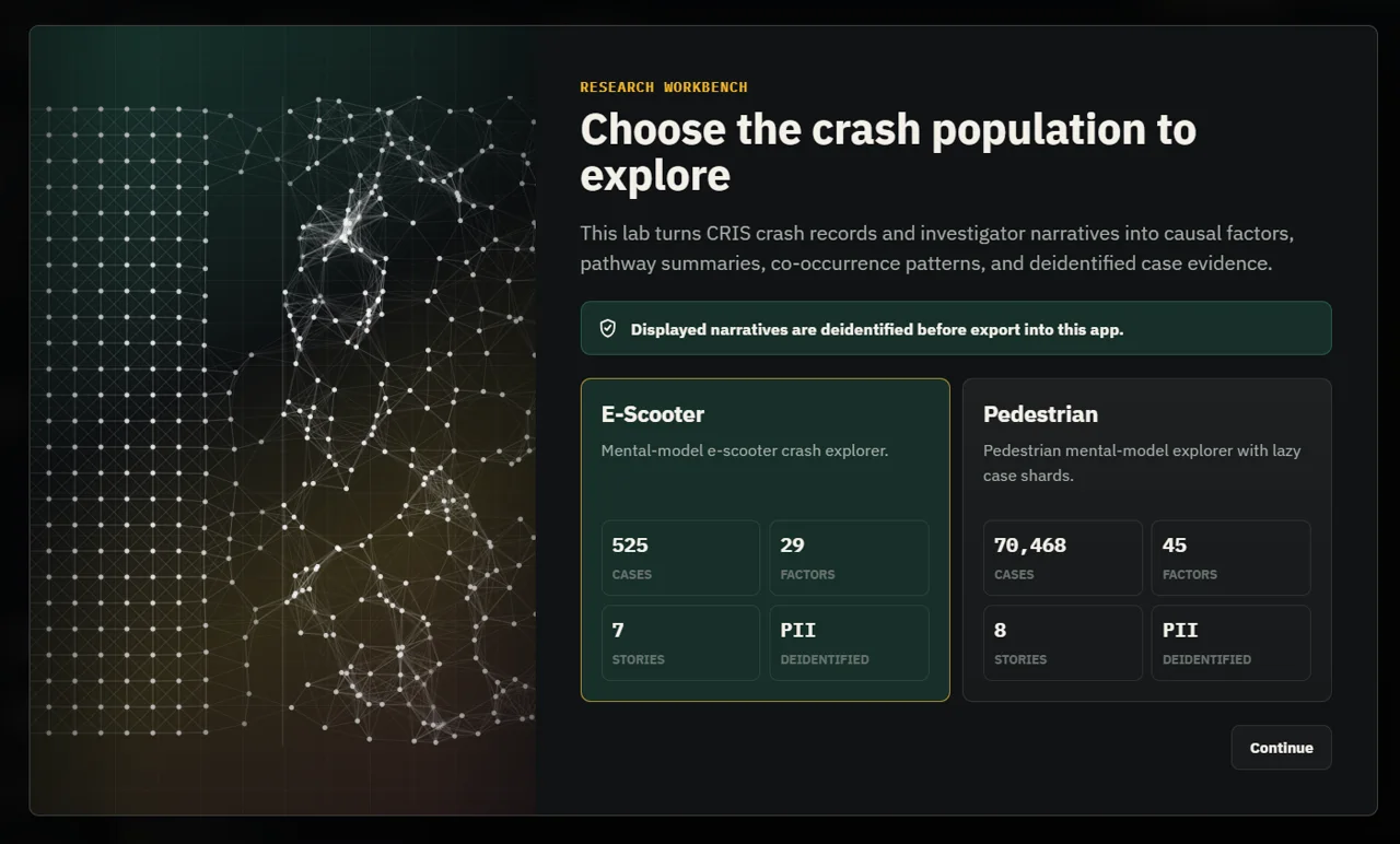 Crash Causal Explorer Lab dataset selection screen
