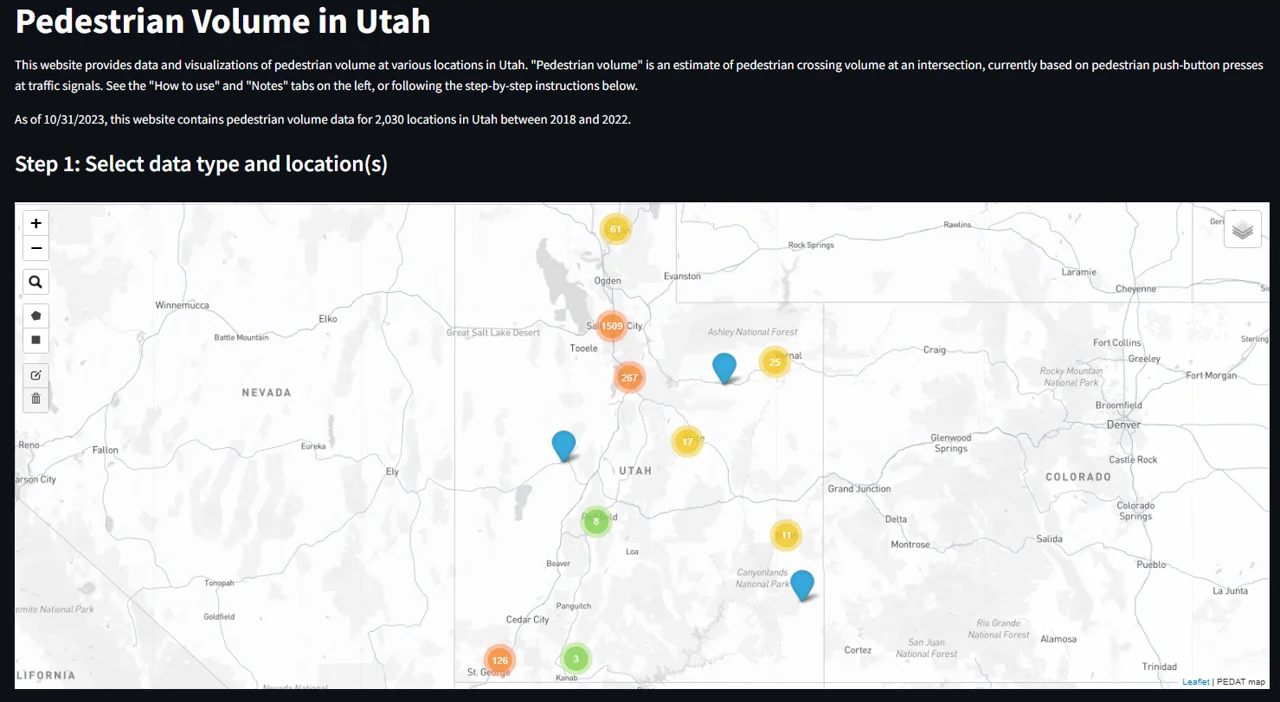 PEDAT dashboard with a Utah map and pedestrian signal locations